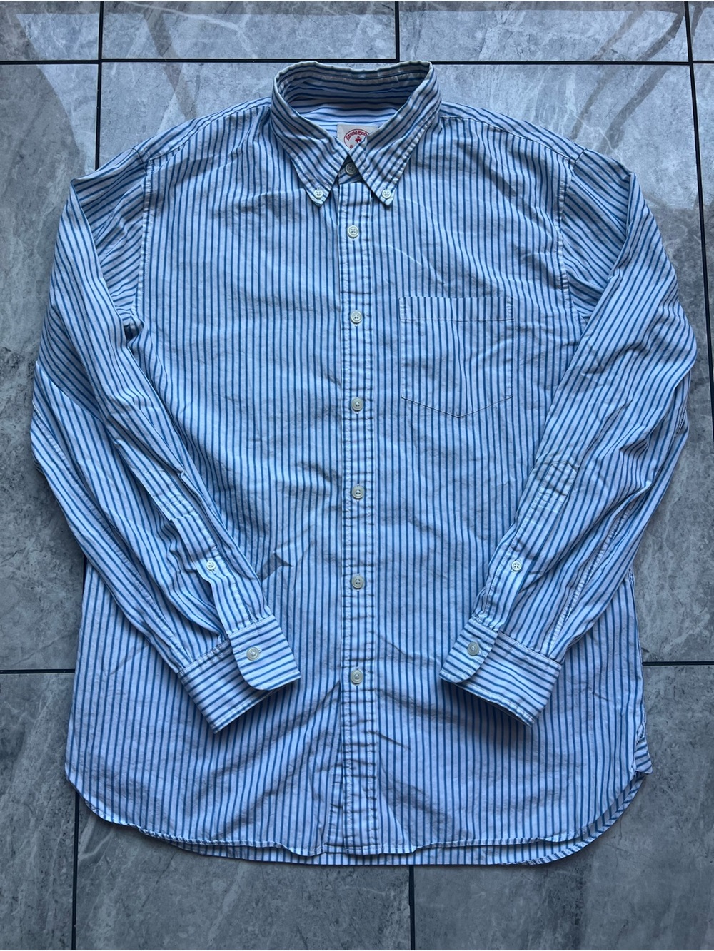 Brooks Brothers Mens Blue White Stripe ButtonUp Long Sleeve Dress Shirt Pocket L